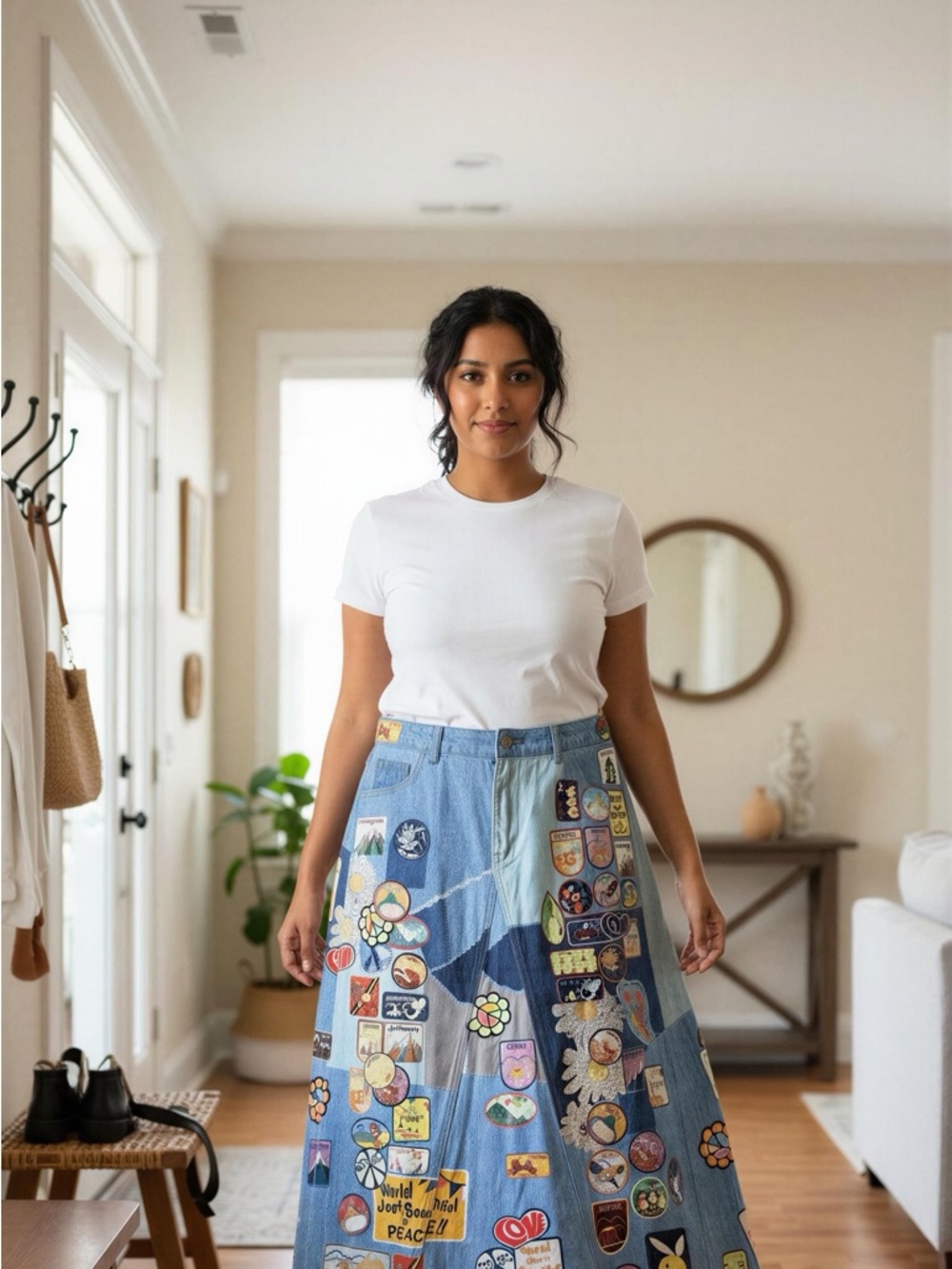 Patchwork Denim Maxi Skirt in Light Blue - New with Tag